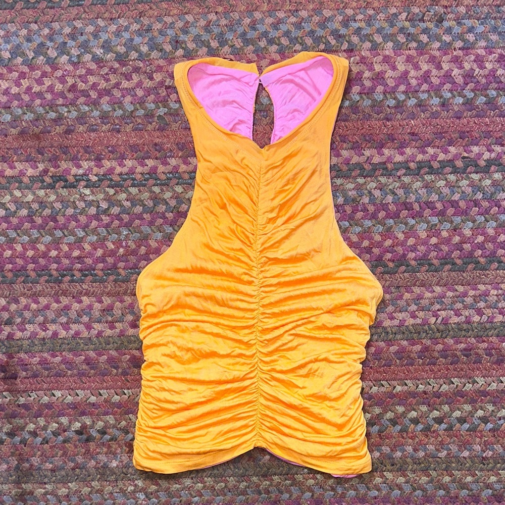 PILCRO ANTHROPOLOGIE PINK & ORANGE REVERSIBLE HIGH NECK RUCHED TANK